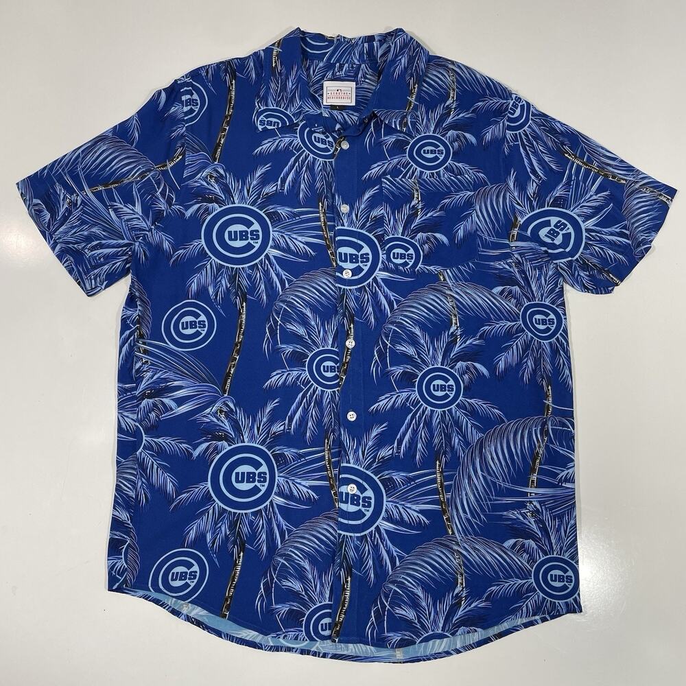 Chicago Cubs Hawaiian Shirt RARE Mens Large Blue MLB Palm Trees 100% Viscose